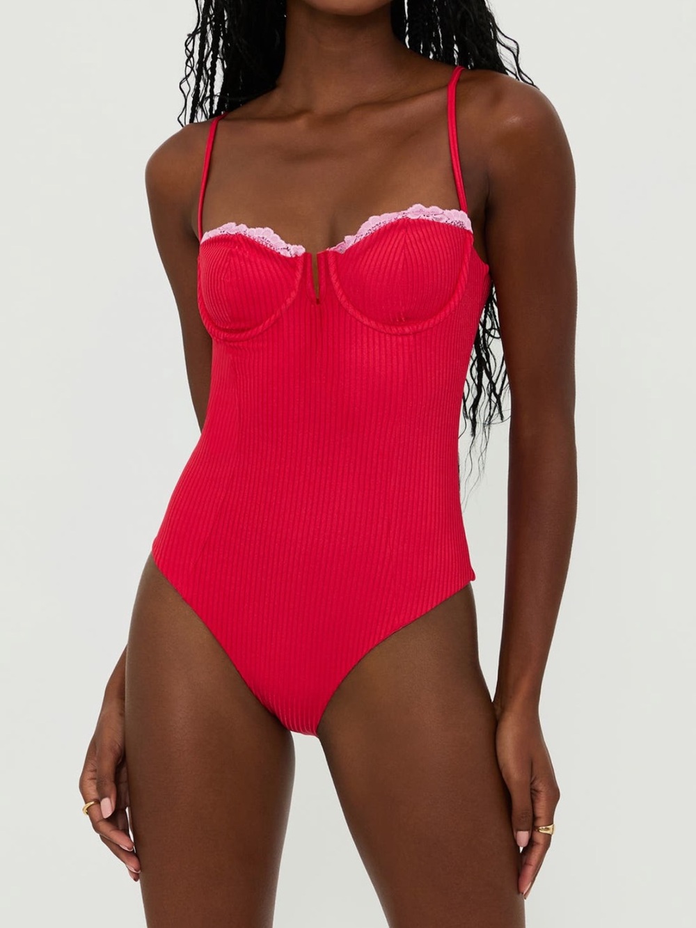 Beach Riot Red One-Piece Swimsuit with Pink Lace Trim